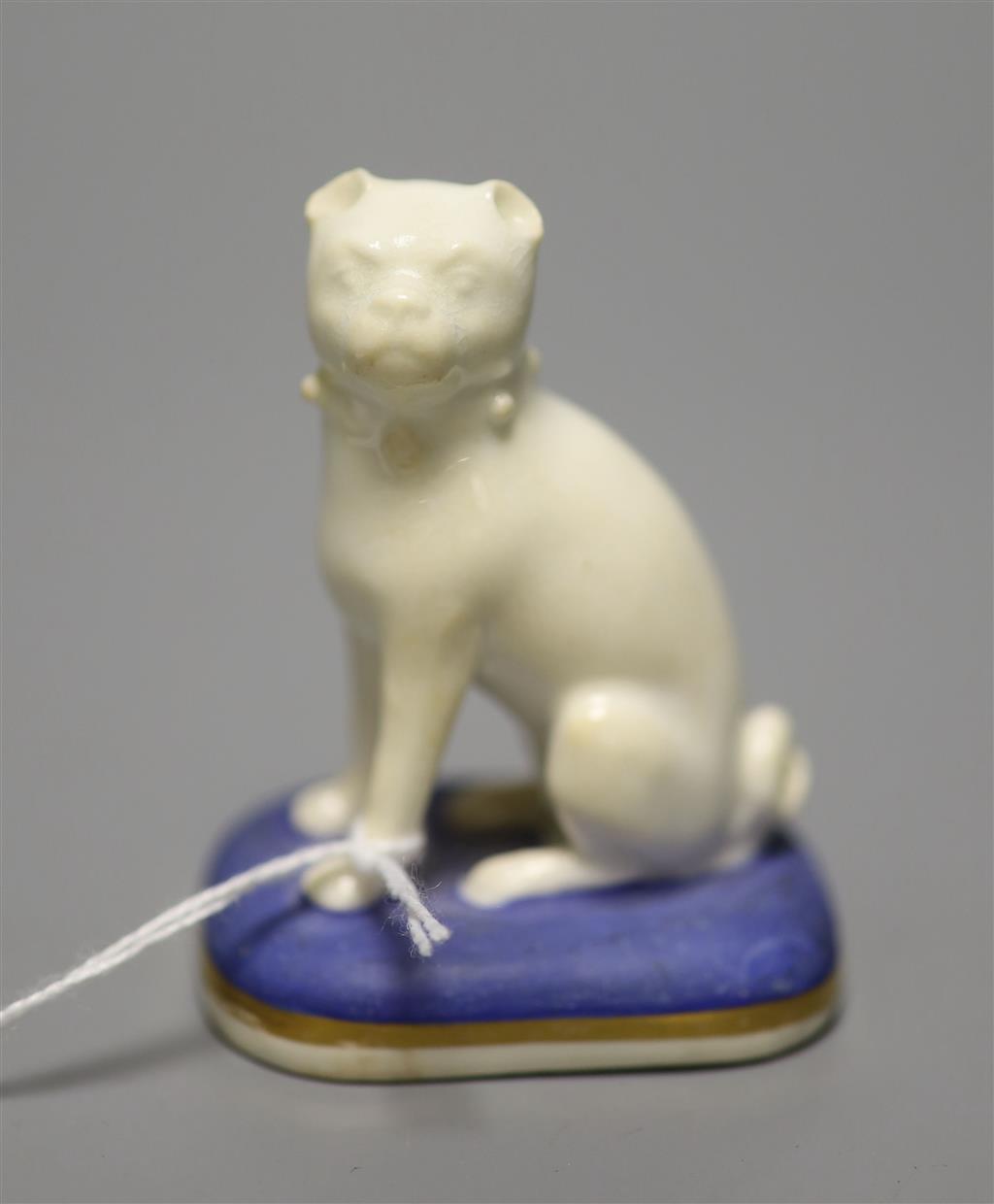 An English porcelain recumbent pug, c.1830-50, height 7cm